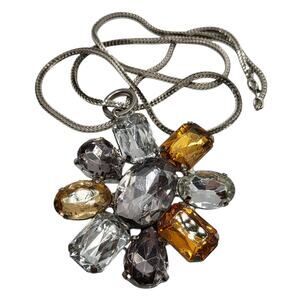 Vintage Rhinestone Cluster Pendant Necklace Amber Clear Glass Napier Chain